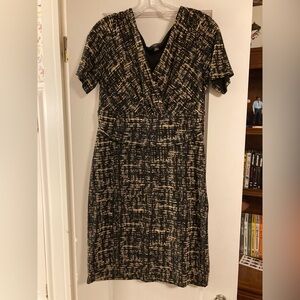 Ann Taylor Black & Tan Pattern Cocktail Dress 10 Petite Short Sleeve Knee Length
